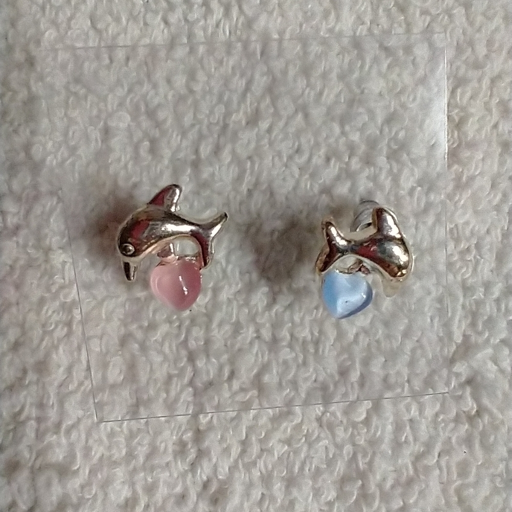 Silvertone pink blue dolphin post earrings